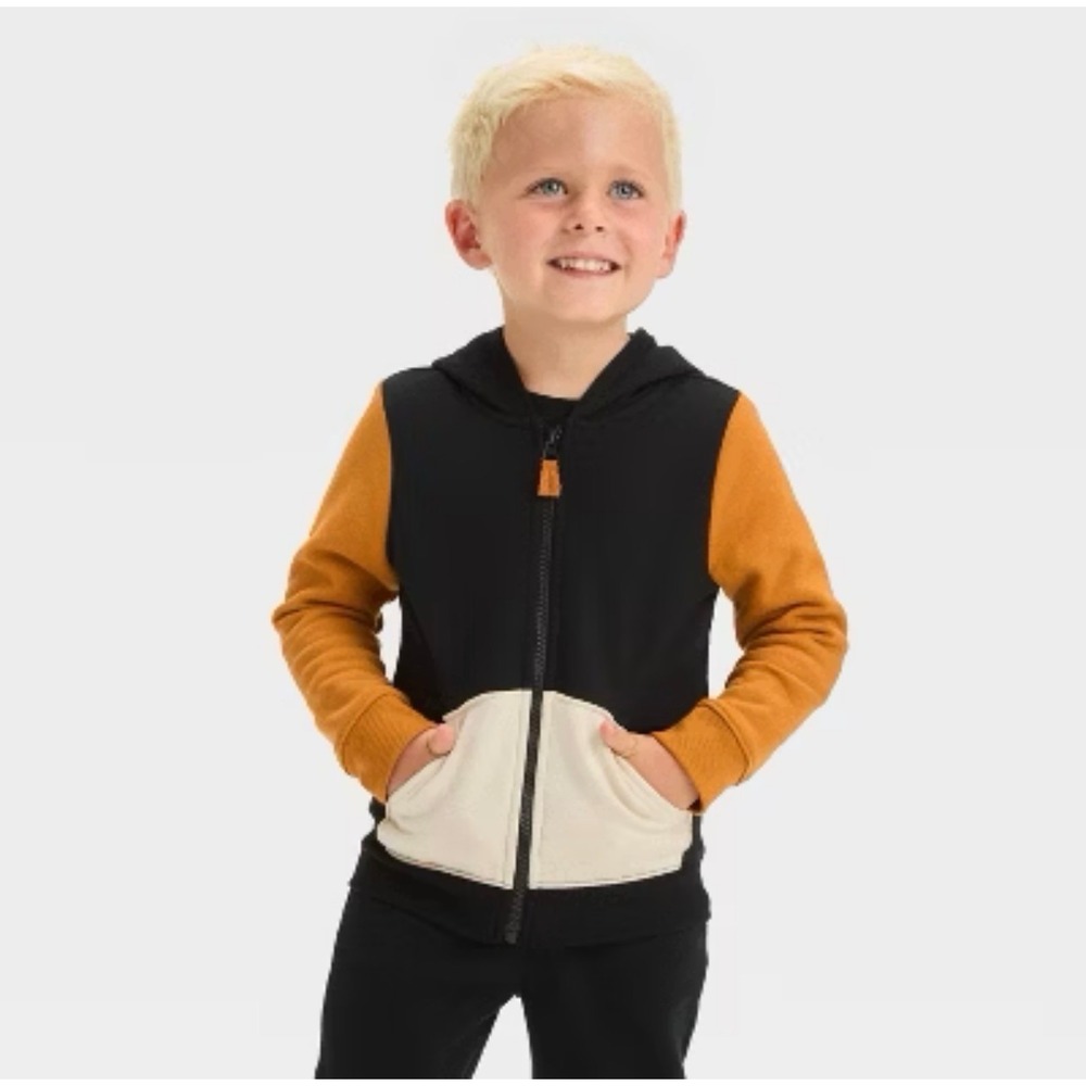 Cat & Jack Boys Colorblock Zip Up Hoodie Black Yellow Gray 18M Fleece Sweatshirt
